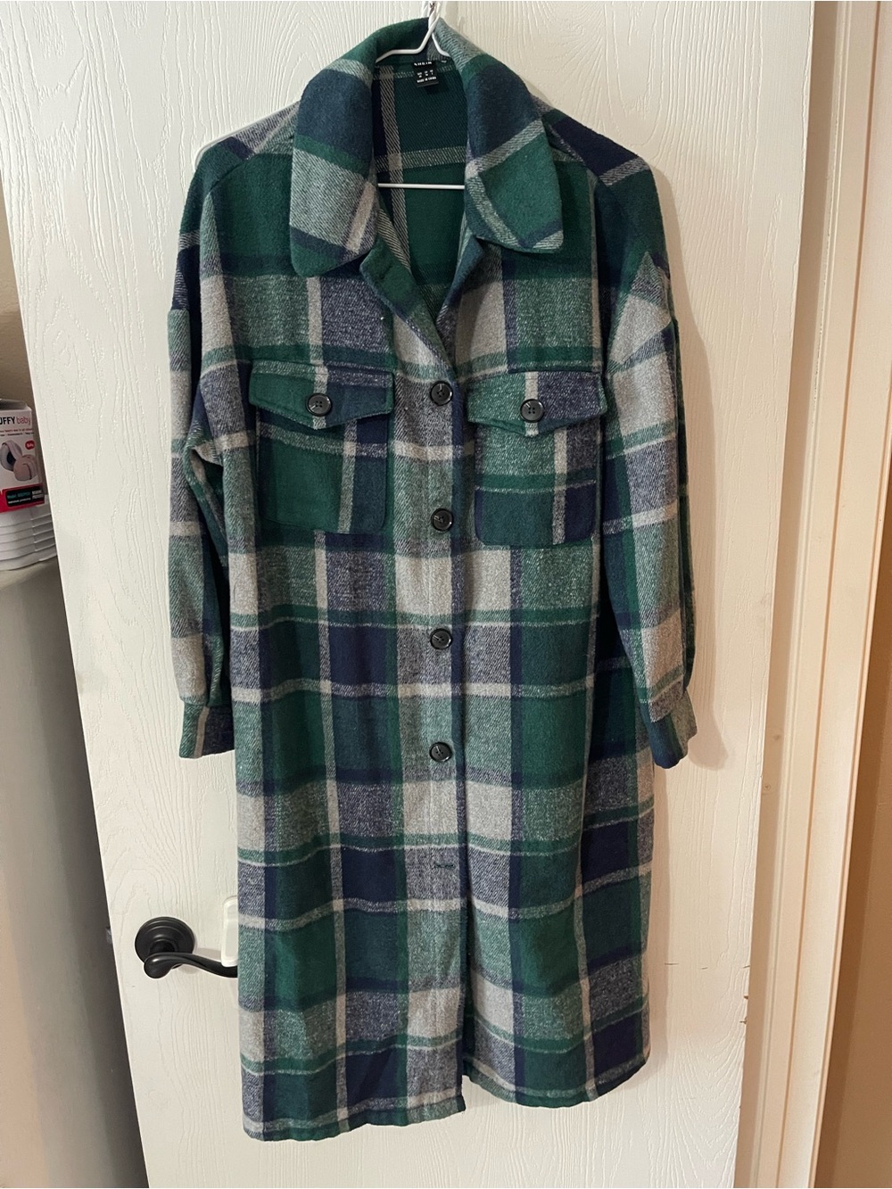 SHEIN Green Navy Plaid Long Trench Coat